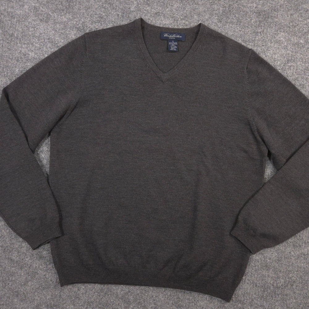 Brooks Brothers Sweater Mens M Gray Italian Merino Wool Blend Stretch V Neck
